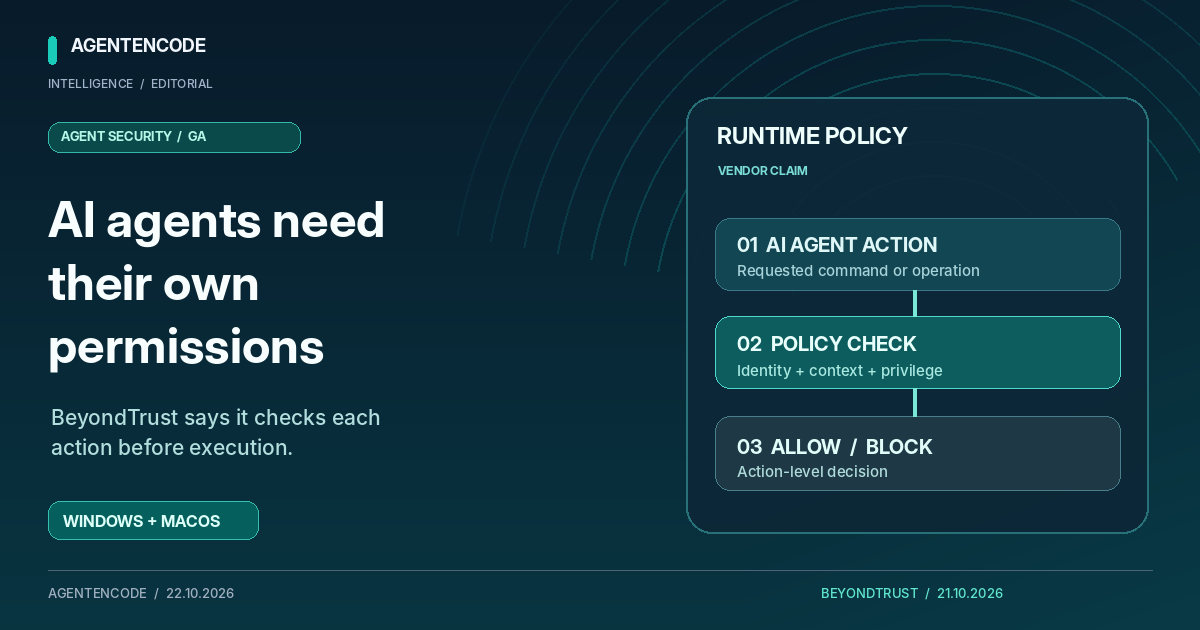Editorial illustration of BeyondTrust's vendor-described policy checks before AI-agent actions