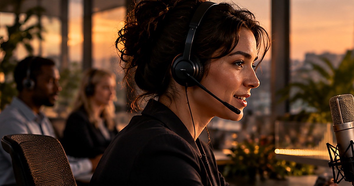 Mistral Voxtral 3: Professional using a voice assistant – editorial concept photograph