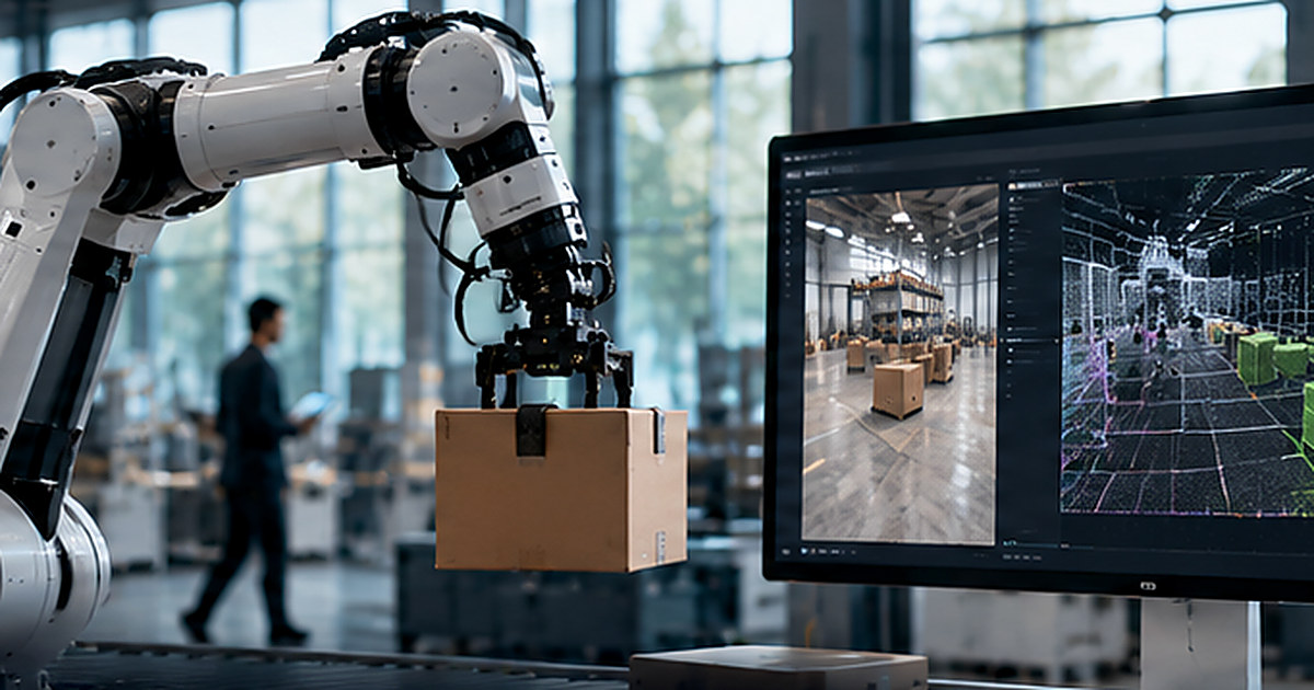 NVIDIA Cosmos 3: Industrieroboter mit Simulationsmonitor – redaktionelles Symbolbild