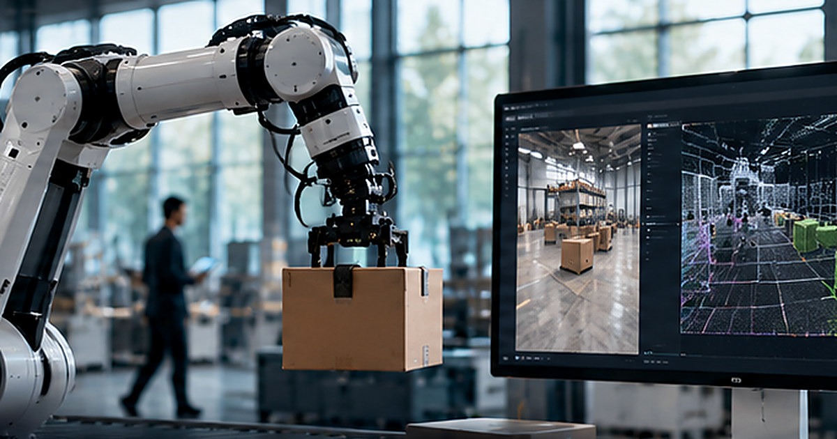 NVIDIA Cosmos 3: Industrial robot and simulation monitor – editorial concept photograph